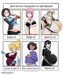 6girls almeram02 amphibia big_breasts bikini black_hair blue_eyes brown_eyes captain_rainbow cleavage crazy_tracy crossover eastern_and_western_character eating elma_(dragon_maid) erect_nipples_under_clothes fairy_tail guilty_gear guilty_gear_xrd hand_on_stomach highlights_(coloring) hotel_transylvania hyper_belly jack-o'_valentine link's_awakening mavis_dracula miss_kobayashi's_dragon_maid mrs._boonchuy multiple_girls multiple_pregnancies oum_boonchuy outie_navel pink_hair pregnant ready_to_pop red_eyes six_fanarts_challenge smile the_legend_of_zelda virgo_(fairy_tail)