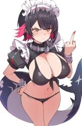 1girls angry bikini black_bikini blush breasts cleavage closed_mouth cowboy_shot ellen_joe female fins fish_tail hand_on_own_hip hand_up highres kamidan large_breasts looking_at_viewer maid maid_headdress middle_finger mole mole_under_eye navel pointy_chin puffy_short_sleeves puffy_sleeves red_eyes red_hair shark_girl shark_tail short_hair short_sleeves simple_background solo swimsuit tail white_background zenless_zone_zero