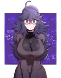 @_@ antenna_hair blush breasts closed_mouth cowboy_shot dress female hairband hex_maniac_(pokemon) highres huge_breasts long_hair long_sleeves looking_at_viewer majin_sonic messy_hair nervous pokemon pokemon_xy purple_background purple_dress purple_eyes purple_hair purple_hairband shaded_face simple_background smile solo sonic_(series) sonic_cd sonic_the_hedgehog_(classic) standing tidal_(tidaltides) two-tone_background v_arms wavy_mouth