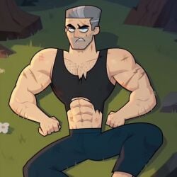 ai_generated angry angry_face bara disventure_camp forest forest_background gay jensen_(disventure_camp) mature_male muscles muscular muscular_male pecs thrown torn_clothes torn_clothing