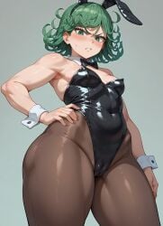 1girls ai_generated angry angry_face blush bunny_ears bunny_girl bunnysuit cameltoe clothed clothed_female clothing curly_hair curves curvy_hips eyelashes fake_animal_ears female female_only green_eyes green_hair hand_on_hip light-skinned_female light_skin looking_at_viewer looking_down low-angle_view one-punch_man pale-skinned_female pale_skin ribbon simple_background small_breasts solo solo_female standing sweatdrop tatsumaki thick_thighs thighs white_skin