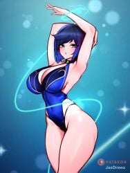 1girls ass blue_hair breasts cleavage female female_only genshin_impact jaxartdump jaxdrawz large_breasts leotard looking_at_viewer pointy_chin solo thick_thighs thighs wide_hips yelan_(genshin_impact)