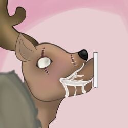 1boy animal_genitalia animal_penis antlers autofellatio bane_(identity_v) bane_perez candykitties cum_in_mouth deepthroat deer deer_humanoid furry identity_v just_no male male_focus male_only new_artist pink_background poorly_drawn portal solo_male thinking_with_portals white_eyes