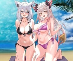 2girls ahoge animal_ear_fluff beach bikini black_bikini blush braid breasts cloud cloudy_sky commentary_request demon_tail double_bun earrings extra_ears fox_girl green_eyes hair_between_eyes hair_bun highres hololive hololive_gamers hololive_gen_1 hololive_japan indie_virtual_youtuber jewelry kneeling large_breasts long_hair looking_at_viewer multicolored_hair multiple_girls ocean open_mouth pointy_chin pointy_ears purple_bikini red_hair rijeka1918 shirakami_fubuki side-tie_bikini_bottom sidelocks single_braid sky streaked_hair suou_patra swimsuit tail virtual_youtuber white_hair yellow_eyes