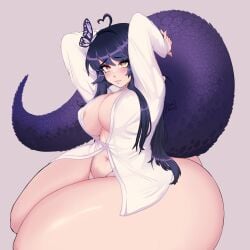 arms_behind_head blush bottom_heavy gigantic_ass hyper_ass indie_virtual_youtuber large_breasts naked_shirt no_bra reeli saavlewd thick_thighs thong virtual_youtuber wide_hips