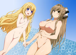 2girls amagi_brilliant_park antenna_hair blonde_hair blue_eyes blush breasts brown_eyes brown_hair drill_hair female female_only flat_chest hair_intakes hair_ribbon hand_holding large_breasts latifa_fleuranza long_hair multiple_girls nakahara_kouhei navel nipples nude open_mouth ponytail pussy ribbon sento_isuzu thighs tied_hair twin_drills uncensored very_long_hair