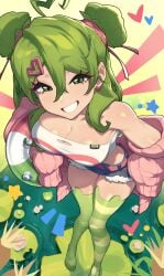 ahoge background cardigan cleavage earrings green_eyes green_hair hairclip inflatable jean_shorts long_hair looking_at_viewer smile stockings thick_thighs tubetop twin_buns