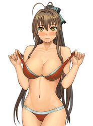 1girls amagi_brilliant_park bikini blush breasts brown_hair cleavage female female_only hair highres human large_breasts lasterk lips long_hair looking_at_viewer navel off_shoulder sento_isuzu solo standing undressing very_long_hair yellow_eyes