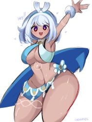 almost_naked big_ass big_breasts blue_hair cleavage colored_sketch cute dark-skinned_female functionally_nude gazericc genshin_impact hearts_around_head mualani_(genshin_impact) multicolored_eyes no_background sweat tan_body thick_thighs white_hair wholesome