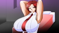 1girls arms_up bed bedroom big_breasts big_breasts breasts brown_eyes busty chest female hands_behind_head huge_breasts kaimanwanio king_of_fighters light-skinned_female light_skin looking_at_viewer pov red_eyes red_hair seductive shirt short_hair smiling smiling_at_viewer tie vanessa_(kof) voluptuous voluptuous_female walking white_shirt