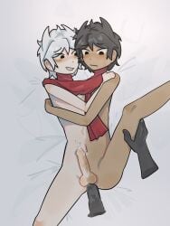 2boys 2d 2d_(artwork) 2d_artwork anonymous_male black_eyes black_hair blush conjoined cumming dandy's_world legs_up male male_focus only_male penis_in_ass razzle_and_dazzle_(dandy's_world) red_scarf roblox smile tears twins white_hair xenoliy