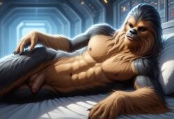 2024 ai_generated alien alien_boy anthro balls ballsack carnivalecloudmuncher chewbacca flaccid foreskin furry looking_at_viewer lying lying_on_bed lying_on_side male male_only nude on_bed on_side penis self_upload solo solo_male star_wars tagme wookiee