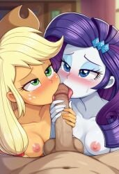 1boy 1male 2females 2girls ai_generated applejack_(eg) applejack_(mlp) blush breasts dick equestria_girls friendship_is_magic half-closed_eyes handjob indoors licking licking_penis male my_little_pony naked naked_female naked_male nipples partial_male penis rarity_(eg) rarity_(mlp) rolling_eyes shy tagme tears tongue tongue_out