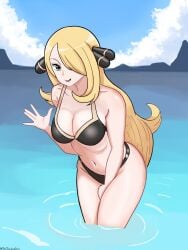 1girls bare_shoulders between_legs bikini black_bikini blonde_hair blue_sky breasts cleavage cloud commentary creatures_(company) cynthia_(pokemon) female game_freak grey_eyes hair_over_one_eye hand_between_legs highres large_breasts long_hair looking_at_viewer navel nintendo ocean open_mouth partially_submerged pokemon pokemon_dppt sky solo swimsuit symbol-only_commentary thedarkestuno very_long_hair