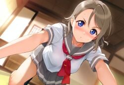 ai_generated blue_eyes blush breasts brown_hair female female legs love_live! love_live!_sunshine!! open_mouth sex short_hair skirt smile thighs watanabe_you