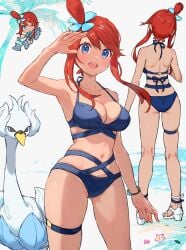 bikini blue_eyes blue_gloves breasts creatures_(company) crop_top cropped_jacket female game_freak gen_5_pokemon gloves hair_ornament highres long_hair looking_at_viewer midriff navel nintendo one_side_up open_mouth pokemon pokemon_(creature) pokemon_bw red_hair sandals short_shorts shorts sidelocks skyla_(pokemon) smile swanna swimsuit yosame0a yosame0a