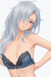 1other a_(xenoblade) bare_shoulders black_bra blue_eyes bra core_crystal earring female female_only highres long_hair midriff miura-n315 monolith_soft nintendo nipples pointy_chin silver_hair undone_bra undressing upper_body very_long_hair xenoblade_(series) xenoblade_chronicles_3 xenoblade_chronicles_3:_future_redeemed