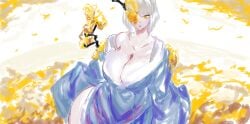 1girls branch branches cleavage dongbaek_(limbus_company) female female_focus female_only flower_over_eye flowers large_breasts limbus_company looking_at_viewer loose_clothes open_mouth project_moon short_hair white_hair yellow_eyes yellow_flowers