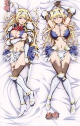 absurdres alicia_arctours armor arms_up bed blonde_hair blush boots breast_hold breast_press breasts curvy dakimakura_(medium) female gloves hairband highres kuroinu_~kedakaki_seijo_wa_hakudaku_ni_somaru~ large_breasts long_hair looking_at_viewer lying official_art on_bed purple_eyes side_by_side smile solo sweat sword weapon