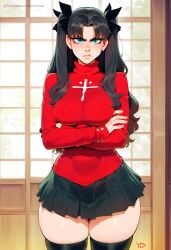 ai_generated angry arms_crossed black_hair blue_eyes fate/grand_order female frown glare novelai red_sweater skindentation solo tohsaka_rin twintails