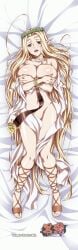 bed blonde_hair blush breasts celestine_lucullus curvy dakimakura_(medium) female female_focus full_body grabbing_another's_breast green_hair groping highres kuroinu_~kedakaki_seijo_wa_hakudaku_ni_somaru~ large_breasts looking_at_viewer lying on_bed pointy_ears shiny_skin