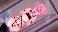 1girls 3d blush doki_doki_literature_club embarrassed female female_only goth goth_girl human human_only light-skinned_female light_skin lingerie mashirosolera mirror natsuki_(doki_doki_literature_club) pentagram pentagram_lingerie solo