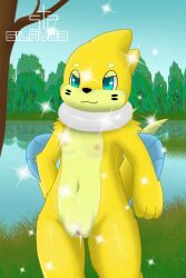 blue_eyes bodily_fluids breasts buizel clitoris cum cum_in_pussy cum_inside female feral forest fur generation_4_pokemon genital_fluids genitals hi_res jungle looking_at_viewer mammal navel nintendo plant pokemon pokemon_(species) pussy sea shiny_pokemon silavos smile solo tree vaginal_fluids water watermark yellow_body yellow_fur