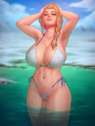 aurora_(zero_one) bikini blonde_hair blue_eyes cleavage covered_nipples erect_nipples french_braid hot_spring huge_breasts jodsy sideboob wet