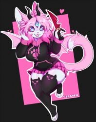 1girls 2024 3_eyes anthro bat blue_eyes bottomwear clothing demon emberlynn_pinkle emberlynn_pinkle_(demon_form) felid female female_only forehead_eye heart-shaped_pupils heart_eyes heart_symbol helluva_boss hoodie horns legwear mammal miniskirt multi_eye pink_hair pink_nose simple_background skirt smiling solo stockings tail teranen thick_thighs toeless_stockings topwear wings