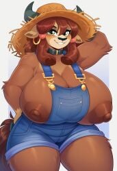 ai_generated anthro anthrofied big_breasts bovid breasts brown_hair female friendship_is_magic furry green_eyes hair hasbro horn lunarsunlite mammal my_little_pony open_mouth smile solo yak yona_yak_(mlp)