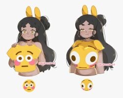 bakuatsukiyu black_hair broke-chan_(bakuatsukiyu) dark-skinned_female flushed_emoji_shirt inconvenient_breasts pouting yellow_shirt