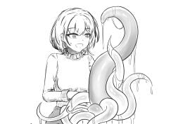 1girls clothing coco-daufu female gift happy monochrome open_mouth original present shirt short_hair smile tentacle turtleneck unwrapping