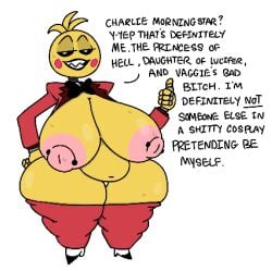 big_areola big_ass big_belly big_breasts big_butt big_nipples big_thighs charlie_morningstar_(cosplay) charlie_morningstar_(hazbin_hotel) cosplay five_nights_at_freddy's five_nights_at_freddy's_2 hazbin_hotel large_ass large_breasts larger_female theslashfive toy_chica_(fnaf)