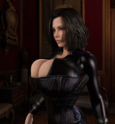 1girls 3d 3d_(artwork) alternate_breast_size big_hips black_bodysuit black_corset black_hair bodysuit breasts_bigger_than_head cleavage clothed clothed_female corset female female_only female_solo gigantic_breasts high_resolution highres hips hourglass_figure huge_breasts kate_beckinsale large_hips open_clothes selene_(underworld) side_view slim_waist small_waist solo solo_female thin_waist top_heavy underworld unzipped unzipped_bodysuit upper_body vaako vampire vampire_girl wide_hips