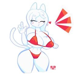 akamat bianca_(akamat) big_breasts big_breasts bikini blush blushing_female cat_tail catgirl closed_eyes heart hips lips red_bikini tight_bikini tights white_cat white_fur