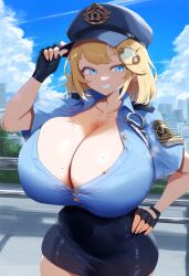 ai_generated ameanon big_breasts blonde_hair blue_eyes breasts cleavage hand_on_hips hololive hololive_english hololive_myth huge_breasts large_breasts mole_on_breast partially_unbuttoned pencil_skirt police police_uniform thick_thighs virtual_youtuber vtuber watson_amelia