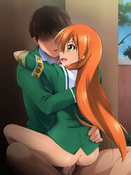 1boy akai_homura armband ass bottomless brown_hair censored cum cum_in_pussy female green_eyes highres kaiga orange_hair penis school_uniform sex tokimeki_memorial tokimeki_memorial_2