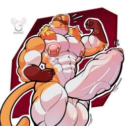 balls_bigger_than_head big_penis cat_ears cat_tail erection looking_at_viewer marvel marvel_comics meowscles_(fortnite) meowtooth_(fortnite) multicolored_fur muscles muscular nipple_piercing penis_piercing simple_background six_pack yamwamm