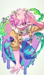 1girls acid artist_name black_sclera bodysuit boku_no_hero_academia breasts cleavage colored_sclera colored_skin female fur_trim highres horns mecyo_(mamezurushiki) mina_ashido my_hero_academia one_eye_closed pink_hair pink_skin smile solo tongue tongue_out wink