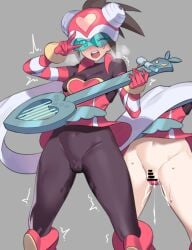 assault_visor bar_censor black_bodysuit blue-tinted_eyewear blush bodysuit breasts brown_eyes brown_hair censored cosplay dildo dress female guitar harp_note harp_note_(mega_man) harp_note_(mega_man)_(cosplay) helmet high_ponytail holding holding_guitar holding_instrument hope_stelar hope_stelar_(mega_man) instrument large_breasts long_hair mega_man_(series) mega_man_star_force mega_man_star_force_(series) motion_lines multiple_views object_insertion pussy pussy_juice red_dress red_helmet sex_toy strapless tinted_eyewear trembling ukimukai v variant_set