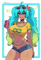 1girls absurdres ass big_ass big_breasts big_thighs brazil brazilian brazilian_female brazilian_miku breasts butt crop_top dark-skinned_female dark_skin denim denim_shorts female gato_gratam glasses_on_head gradient_hair hatsune_miku highres huge_ass huge_breasts huge_thighs multicolored_hair navel shorts solo thick_hips thick_thighs thighs vocaloid