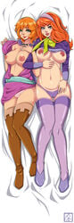 2girls ascot blue_eyes boots breasts breasts_out brown_boots brown_legwear cameltoe crossover dakimakura daphne_blake dungeons_and_dragons dungeons_and_dragons_(cartoon) female female_only freckles green_eyes hairband human justinianknight locked_arms long_hair looking_at_viewer lying multiple_girls navel nipples no_bra on_back open_clothes orange_hair panties pink_panties purple_legwear purple_panties red_hair scooby-doo sheila_the_thief shirt_lift short_hair smile thigh_boots thighhighs underwear