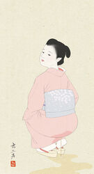 clothing female from_behind japanese_clothes kimono looking_back munio_world peeing solo squatting wet_clothes