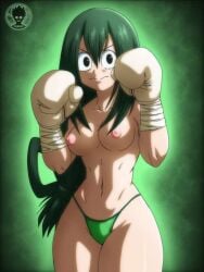 1girls angry box boxing_gloves green_hair my_hero_academia naked no_bra panties shirtless solo suture_art topless tsuyu_asui