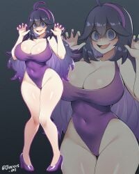 :d @_@ absurdres bare_legs breasts claw_pose cleavage covered_navel fingernails gradient_background grey_background hex_maniac_(pokemon) high_heels highres jarckius knees_together_feet_apart large_breasts leotard looking_at_viewer pokemon pokemon_xy pumps purple_eyes purple_footwear purple_leotard purple_nails shaded_face smile thigh_gap twitter_username