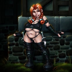 2012 armbands boots braided_twintails breasts bushido cleavage curvy dagger dwarf dwarf_(warcraft) dwarf_female erect_nipples female gloves huge_breasts large_breasts large_nipples leather lips looking_at_viewer orange_eyes pale-skinned_female pale_skin pose pubic_hair pussy red_hair skimpy skin_tight smile solo thick thighhighs thong tied_hair twintails underboob vagina weapon wide_hips world_of_warcraft