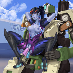 2d anal anal_sex bastion_(overwatch) blizzard_entertainment blue_hair blue_skin bodysuit breasts center_opening color crotch_cutout dildo double_penetration ear_studs female living_machine nipples omnic open_mouth overwatch pablocomics ponytail pussy_juice robot tied_hair topless torn_clothes uncensored vaginal_penetration widowmaker