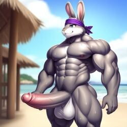 1boy ai_generated anthro balls bara beach brutal_paws_of_fury frosting.ai furry furry_only gay kung-fu_bunny male_only muscular muscular_male nudist_beach penis rabbit sugar1989