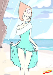 aphius beach beach_party_(steven_universe) cartoon_network female gem_(species) ocean panties pearl_(steven_universe) print_panties skirt_lift solo steven_universe