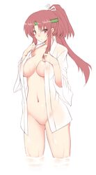 bottomless breasts character_request cowboy_shot female long_hair nakadori_(movgnsk) naked_shirt navel no_pussy open_clothes open_shirt ponytail red_eyes red_hair shirt solo tied_hair wading water wet white_background